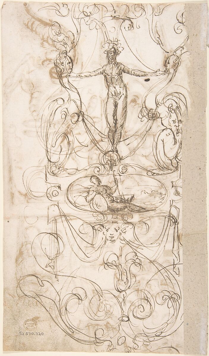 Term with snails and strapwork (recto); Candelabra grotesque with two figures (verso), ? attributed to Andrés de Melgar (Spanish, documented S. Domingo de la Calzada, died after 1554), Pen and brown ink