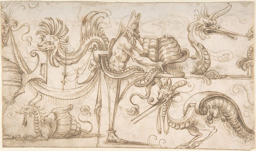 Term with snails and strapwork (recto); Candelabra grotesque with two figures (verso)