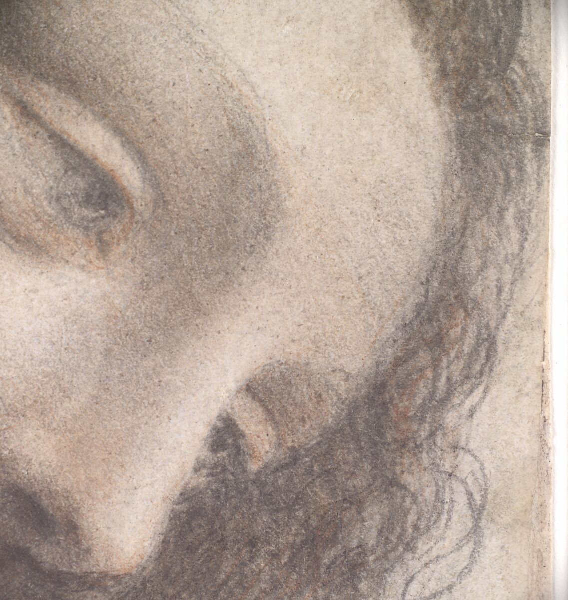 The Head of the Virgin in Three-Quarter View Facing Right, Leonardo da Vinci (Italian, Vinci 1452–1519 Amboise), Black chalk, charcoal, and red chalk, with some traces of white chalk (?); some remains of framing lines in pen and brown ink at upper right (not by Leonardo)