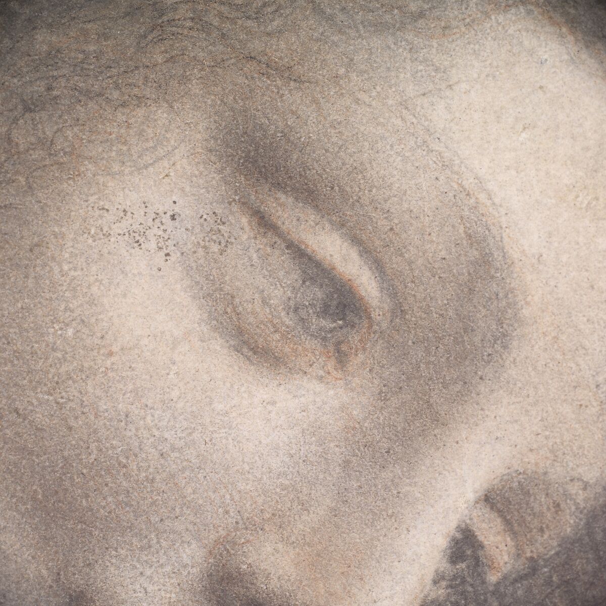 The Head of the Virgin in Three-Quarter View Facing Right, Leonardo da Vinci (Italian, Vinci 1452–1519 Amboise), Black chalk, charcoal, and red chalk, with some traces of white chalk (?); some remains of framing lines in pen and brown ink at upper right (not by Leonardo)