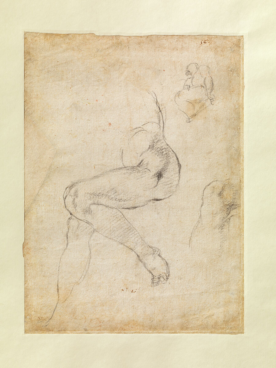 Studies for the Libyan Sibyl (recto); Studies for the Libyan Sibyl and a small Sketch for a Seated Figure (verso), Michelangelo Buonarroti (Italian, Caprese 1475–1564 Rome), Red chalk, with small accents of white chalk on the left shoulder of the figure in the main study (recto); soft black chalk, or less probably charcoal (verso)