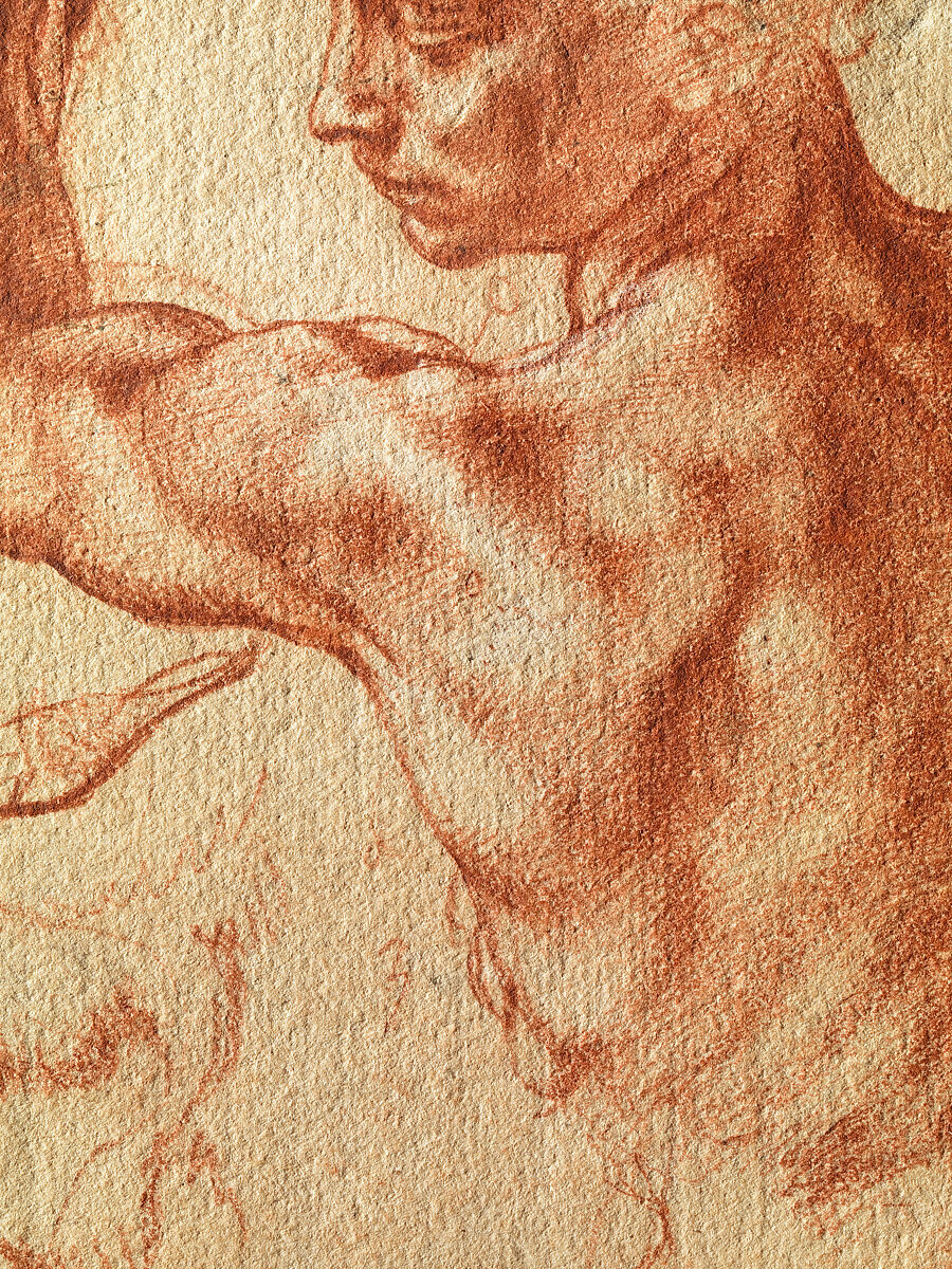 Studies for the Libyan Sibyl (recto); Studies for the Libyan Sibyl and a small Sketch for a Seated Figure (verso), Michelangelo Buonarroti (Italian, Caprese 1475–1564 Rome), Red chalk, with small accents of white chalk on the left shoulder of the figure in the main study (recto); soft black chalk, or less probably charcoal (verso)
