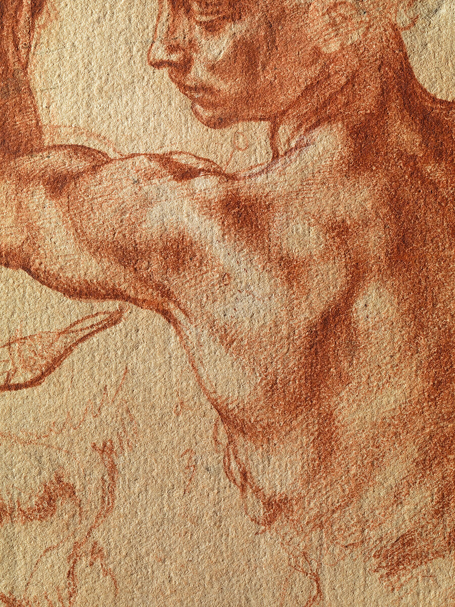 Studies for the Libyan Sibyl (recto); Studies for the Libyan Sibyl and a small Sketch for a Seated Figure (verso), Michelangelo Buonarroti (Italian, Caprese 1475–1564 Rome), Red chalk, with small accents of white chalk on the left shoulder of the figure in the main study (recto); soft black chalk, or less probably charcoal (verso)