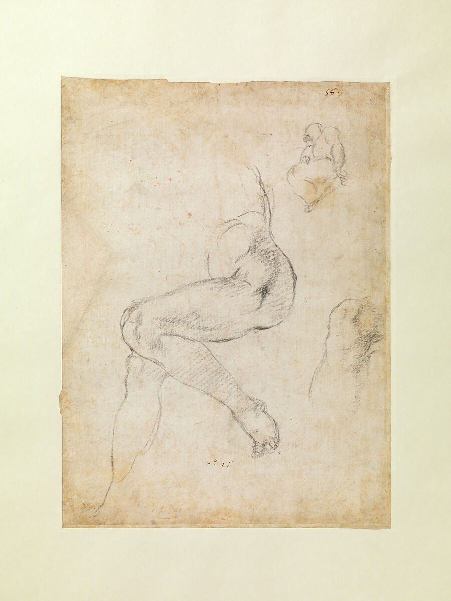 Studies for the Libyan Sibyl (recto); Studies for the Libyan Sibyl and a small Sketch for a Seated Figure (verso), Michelangelo Buonarroti (Italian, Caprese 1475–1564 Rome), Red chalk, with small accents of white chalk on the left shoulder of the figure in the main study (recto); soft black chalk, or less probably charcoal (verso)