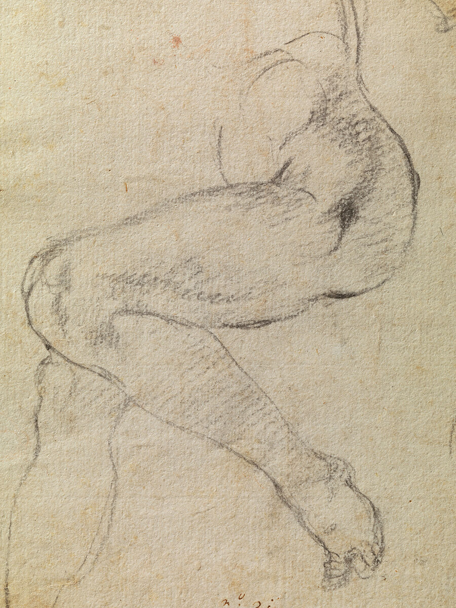 Studies for the Libyan Sibyl (recto); Studies for the Libyan Sibyl and a small Sketch for a Seated Figure (verso), Michelangelo Buonarroti (Italian, Caprese 1475–1564 Rome), Red chalk, with small accents of white chalk on the left shoulder of the figure in the main study (recto); soft black chalk, or less probably charcoal (verso)