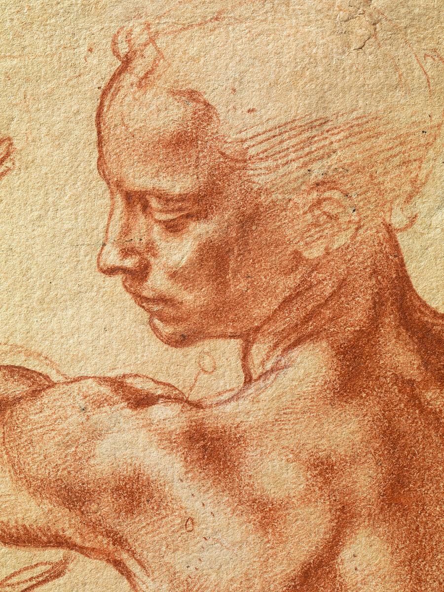 Studies for the Libyan Sibyl (recto); Studies for the Libyan Sibyl and a small Sketch for a Seated Figure (verso), Michelangelo Buonarroti (Italian, Caprese 1475–1564 Rome), Red chalk, with small accents of white chalk on the left shoulder of the figure in the main study (recto); soft black chalk, or less probably charcoal (verso)