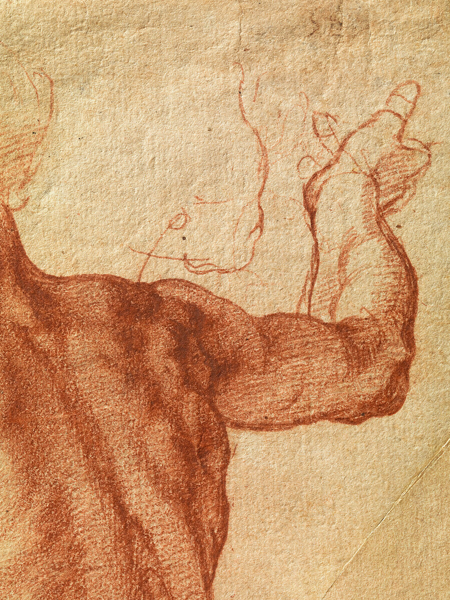 Studies for the Libyan Sibyl (recto); Studies for the Libyan Sibyl and a small Sketch for a Seated Figure (verso), Michelangelo Buonarroti (Italian, Caprese 1475–1564 Rome), Red chalk, with small accents of white chalk on the left shoulder of the figure in the main study (recto); soft black chalk, or less probably charcoal (verso)