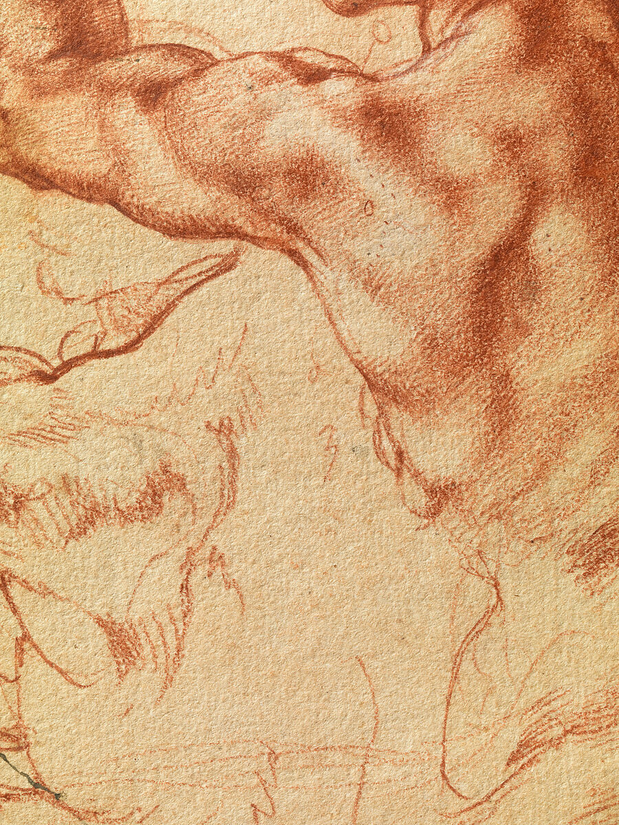 Studies for the Libyan Sibyl (recto); Studies for the Libyan Sibyl and a small Sketch for a Seated Figure (verso), Michelangelo Buonarroti (Italian, Caprese 1475–1564 Rome), Red chalk, with small accents of white chalk on the left shoulder of the figure in the main study (recto); soft black chalk, or less probably charcoal (verso)