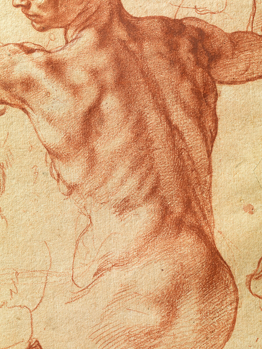 Studies for the Libyan Sibyl (recto); Studies for the Libyan Sibyl and a small Sketch for a Seated Figure (verso), Michelangelo Buonarroti (Italian, Caprese 1475–1564 Rome), Red chalk, with small accents of white chalk on the left shoulder of the figure in the main study (recto); soft black chalk, or less probably charcoal (verso)