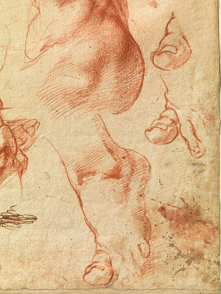 Studies for the Libyan Sibyl (recto); Studies for the Libyan Sibyl and a small Sketch for a Seated Figure (verso), Michelangelo Buonarroti (Italian, Caprese 1475–1564 Rome), Red chalk, with small accents of white chalk on the left shoulder of the figure in the main study (recto); soft black chalk, or less probably charcoal (verso)