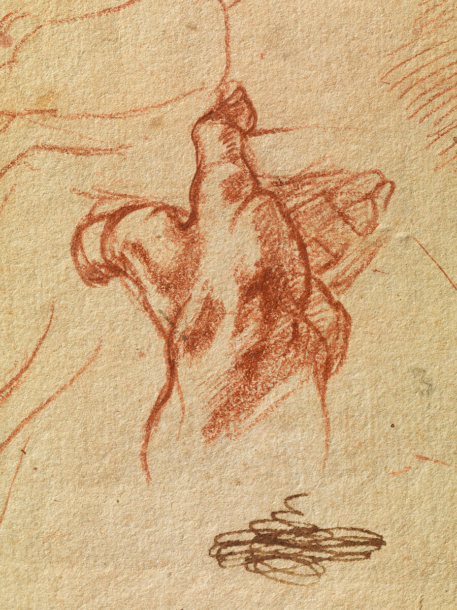 Studies for the Libyan Sibyl (recto); Studies for the Libyan Sibyl and a small Sketch for a Seated Figure (verso), Michelangelo Buonarroti (Italian, Caprese 1475–1564 Rome), Red chalk, with small accents of white chalk on the left shoulder of the figure in the main study (recto); soft black chalk, or less probably charcoal (verso)