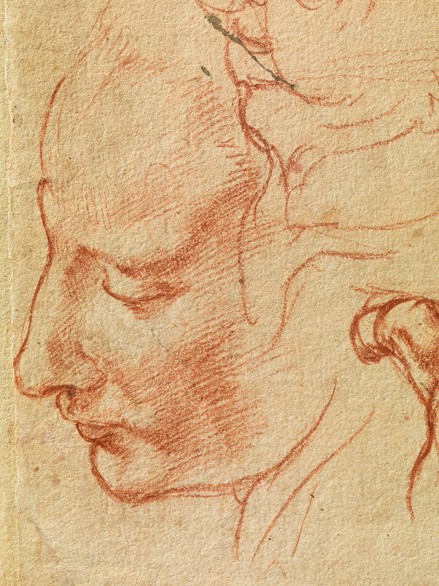 Studies for the Libyan Sibyl (recto); Studies for the Libyan Sibyl and a small Sketch for a Seated Figure (verso), Michelangelo Buonarroti (Italian, Caprese 1475–1564 Rome), Red chalk, with small accents of white chalk on the left shoulder of the figure in the main study (recto); soft black chalk, or less probably charcoal (verso)