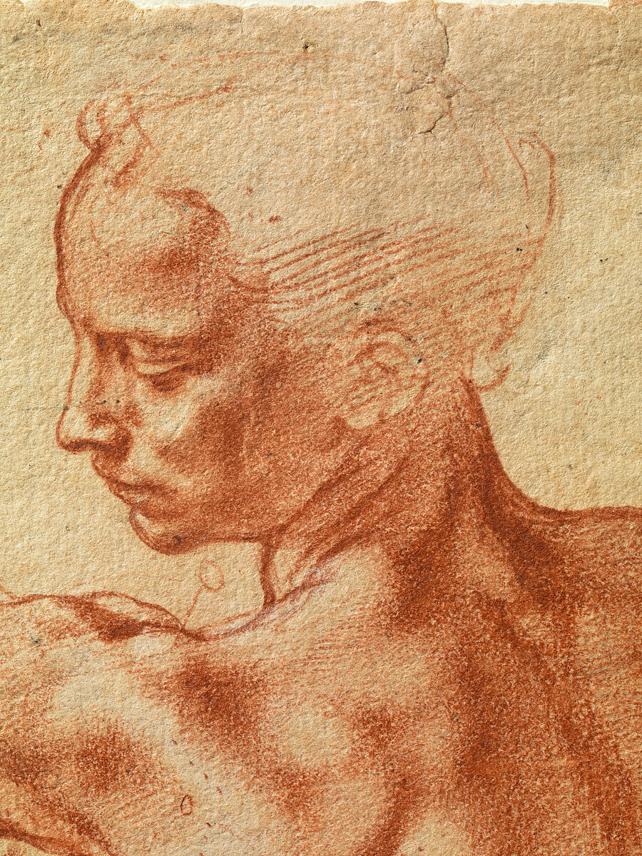 Studies for the Libyan Sibyl (recto); Studies for the Libyan Sibyl and a small Sketch for a Seated Figure (verso), Michelangelo Buonarroti (Italian, Caprese 1475–1564 Rome), Red chalk, with small accents of white chalk on the left shoulder of the figure in the main study (recto); soft black chalk, or less probably charcoal (verso)