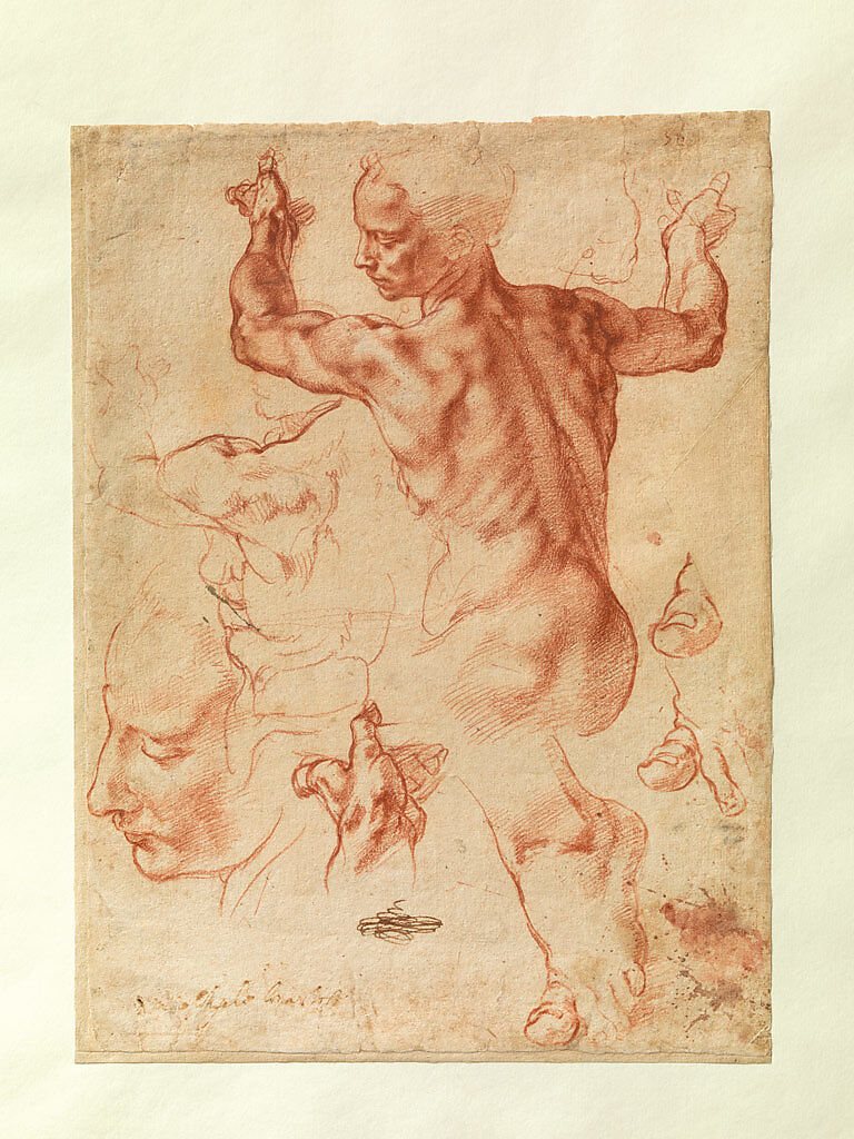 Studies for the Libyan Sibyl (recto); Studies for the Libyan Sibyl and a small Sketch for a Seated Figure (verso), Michelangelo Buonarroti (Italian, Caprese 1475–1564 Rome), Red chalk, with small accents of white chalk on the left shoulder of the figure in the main study (recto); soft black chalk, or less probably charcoal (verso)