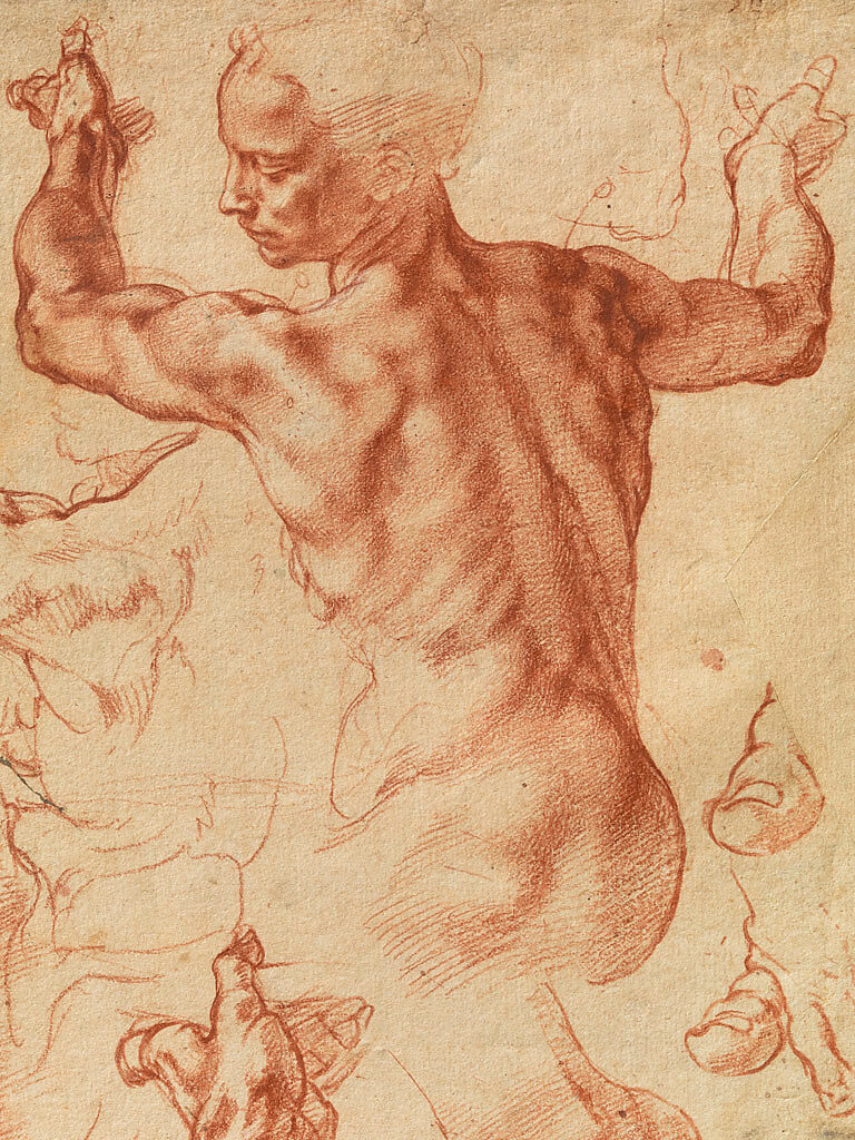 Studies for the Libyan Sibyl (recto); Studies for the Libyan Sibyl and a small Sketch for a Seated Figure (verso), Michelangelo Buonarroti (Italian, Caprese 1475–1564 Rome), Red chalk, with small accents of white chalk on the left shoulder of the figure in the main study (recto); soft black chalk, or less probably charcoal (verso)