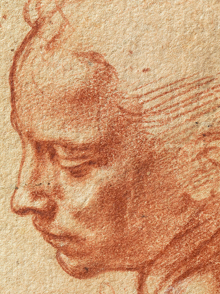 Studies for the Libyan Sibyl (recto); Studies for the Libyan Sibyl and a small Sketch for a Seated Figure (verso), Michelangelo Buonarroti (Italian, Caprese 1475–1564 Rome), Red chalk, with small accents of white chalk on the left shoulder of the figure in the main study (recto); soft black chalk, or less probably charcoal (verso)