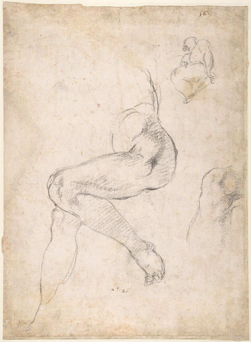 Studies for the Libyan Sibyl (recto); Studies for the Libyan Sibyl and a small Sketch for a Seated Figure (verso), Michelangelo Buonarroti (Italian, Caprese 1475–1564 Rome), Red chalk, with small accents of white chalk on the left shoulder of the figure in the main study (recto); soft black chalk, or less probably charcoal (verso)