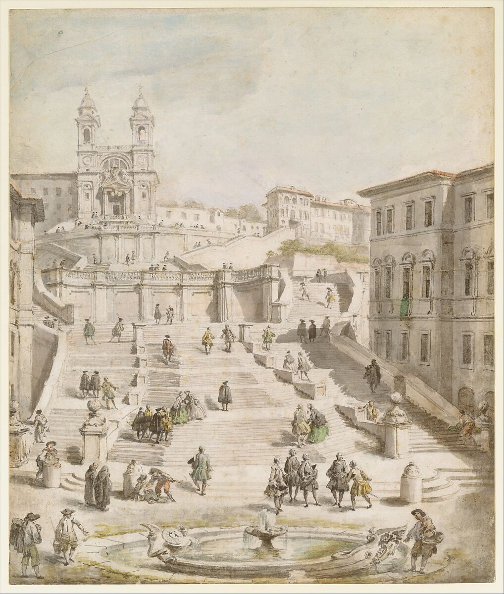 Scalinata della Trinità dei Monti, Giovanni Paolo Panini (Italian, Piacenza 1691–1765 Rome), Pen and black ink, brush and gray wash, watercolor, over graphite