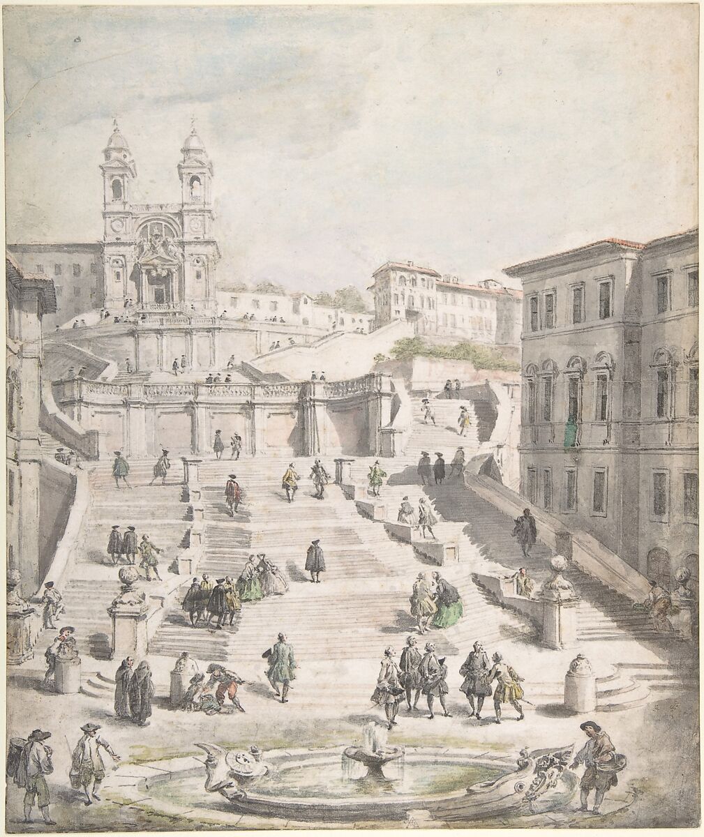 Scalinata della Trinità dei Monti, Giovanni Paolo Panini (Italian, Piacenza 1691–1765 Rome), Pen and black ink, brush and gray wash, watercolor, over graphite 