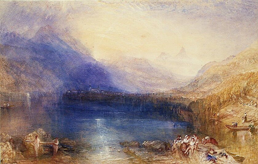 The Lake of Zug, Joseph Mallord William Turner (British, London 1775–1851 London), Watercolor and bodycolor (gouache) with reductive techniques over graphite