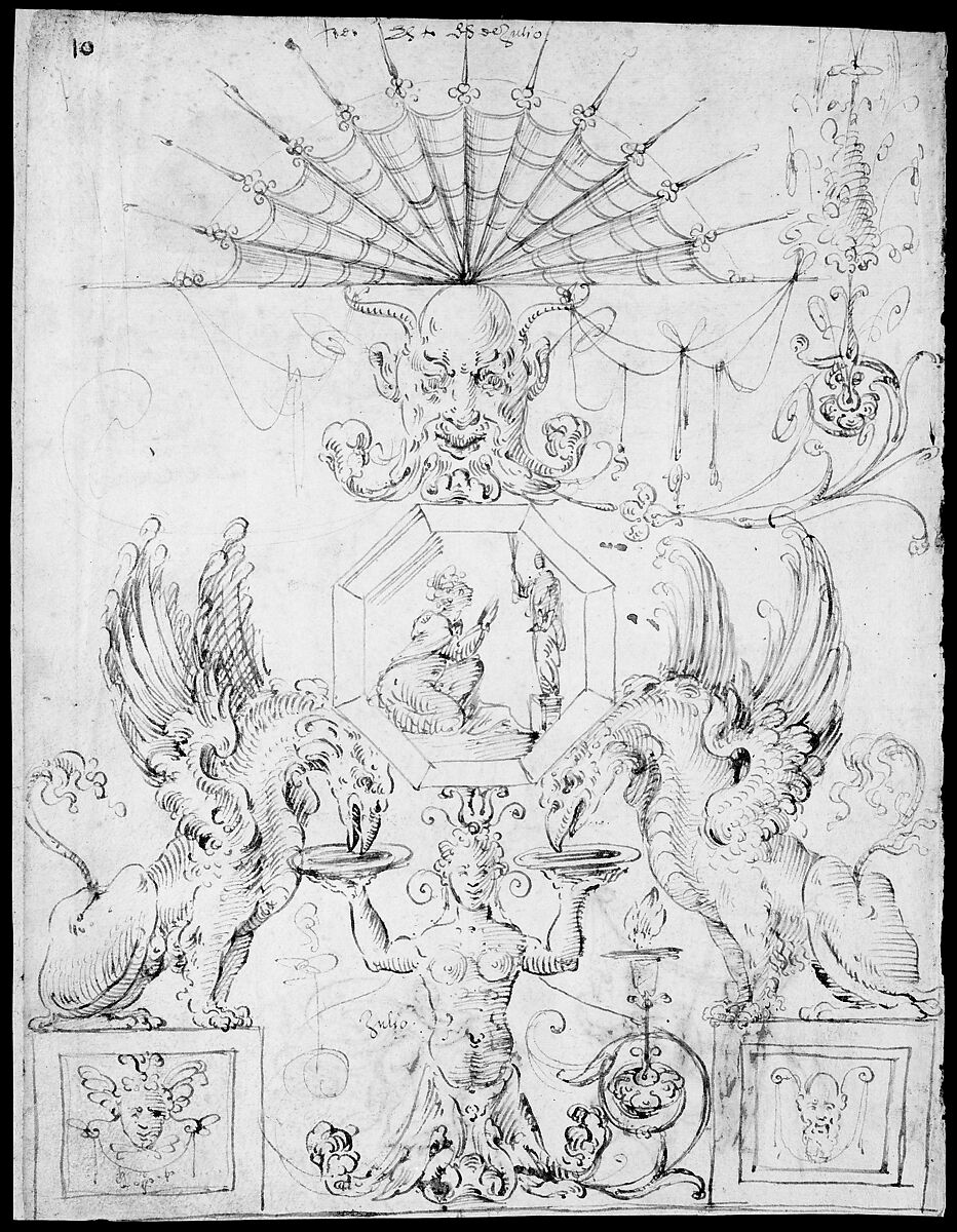 Griffins, female grotesque, mask and figures (recto); two turtle-like creatures and a scene with figures (verso), ? attributed to Andrés de Melgar (Spanish, documented S. Domingo de la Calzada, died after 1554), Pen and brown ink