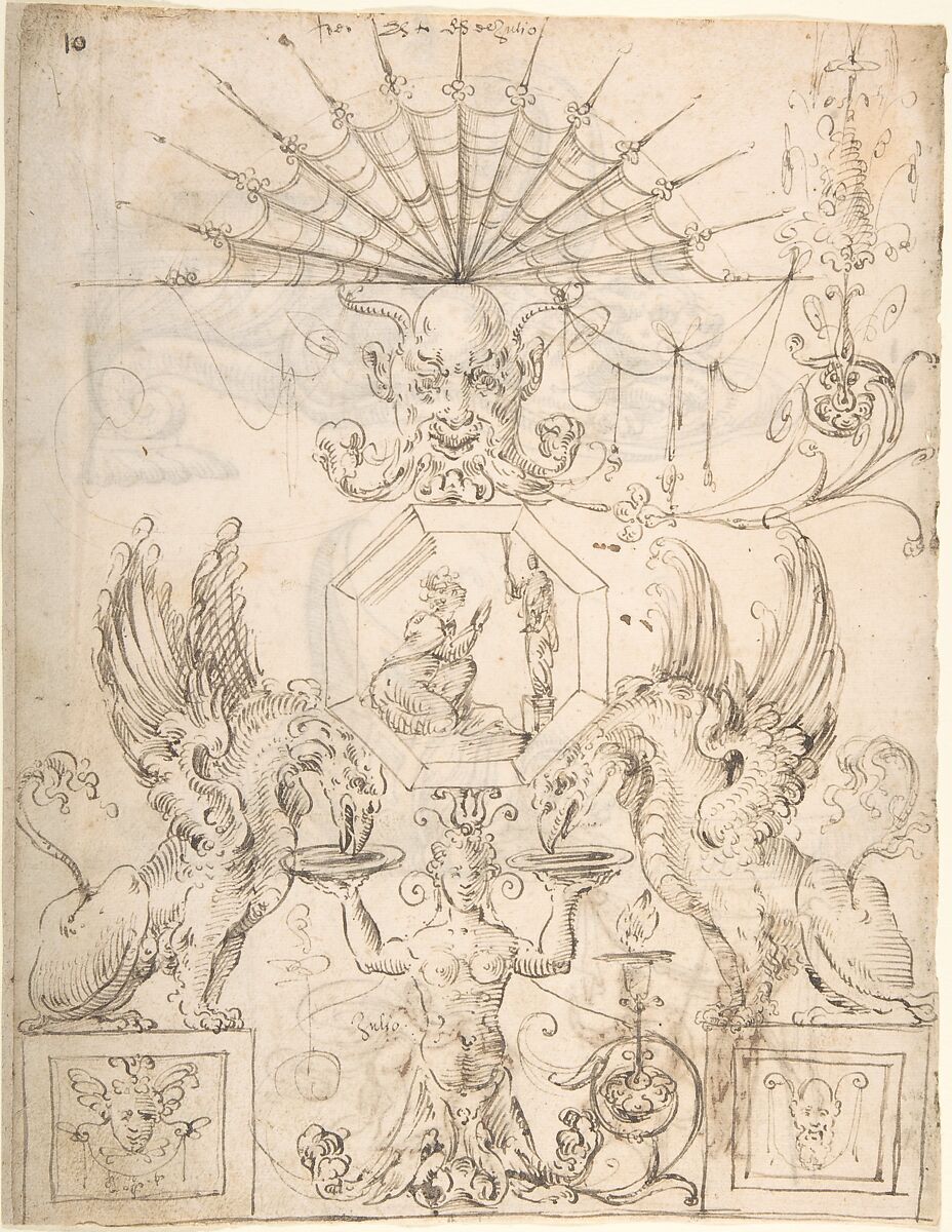 Griffins, female grotesque, mask and figures (recto); two turtle-like creatures and a scene with figures (verso), ? attributed to Andrés de Melgar (Spanish, documented S. Domingo de la Calzada, died after 1554), Pen and brown ink 