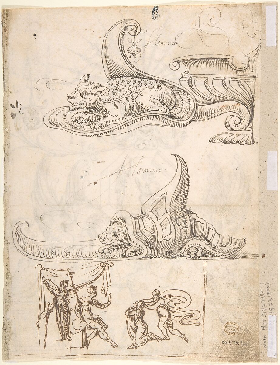 Griffins, female grotesque, mask and figures (recto); two turtle-like creatures and a scene with figures (verso), ? attributed to Andrés de Melgar (Spanish, documented S. Domingo de la Calzada, died after 1554), Pen and brown ink