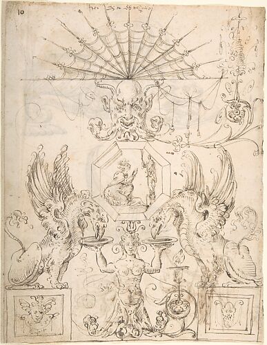 Griffins, female grotesque, mask and figures (recto); two turtle-like creatures and a scene with figures (verso)