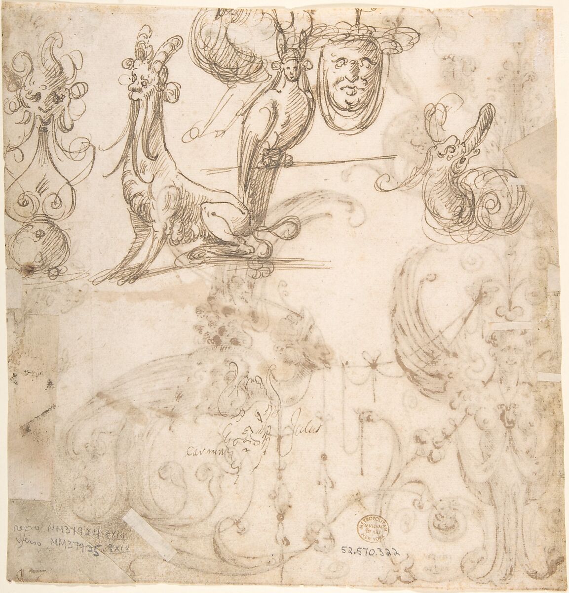 Female grotesque and harpy (recto); fantastical creatures and masks (verso), ? attributed to Andrés de Melgar (Spanish, documented S. Domingo de la Calzada, died after 1554), Pen and brown ink