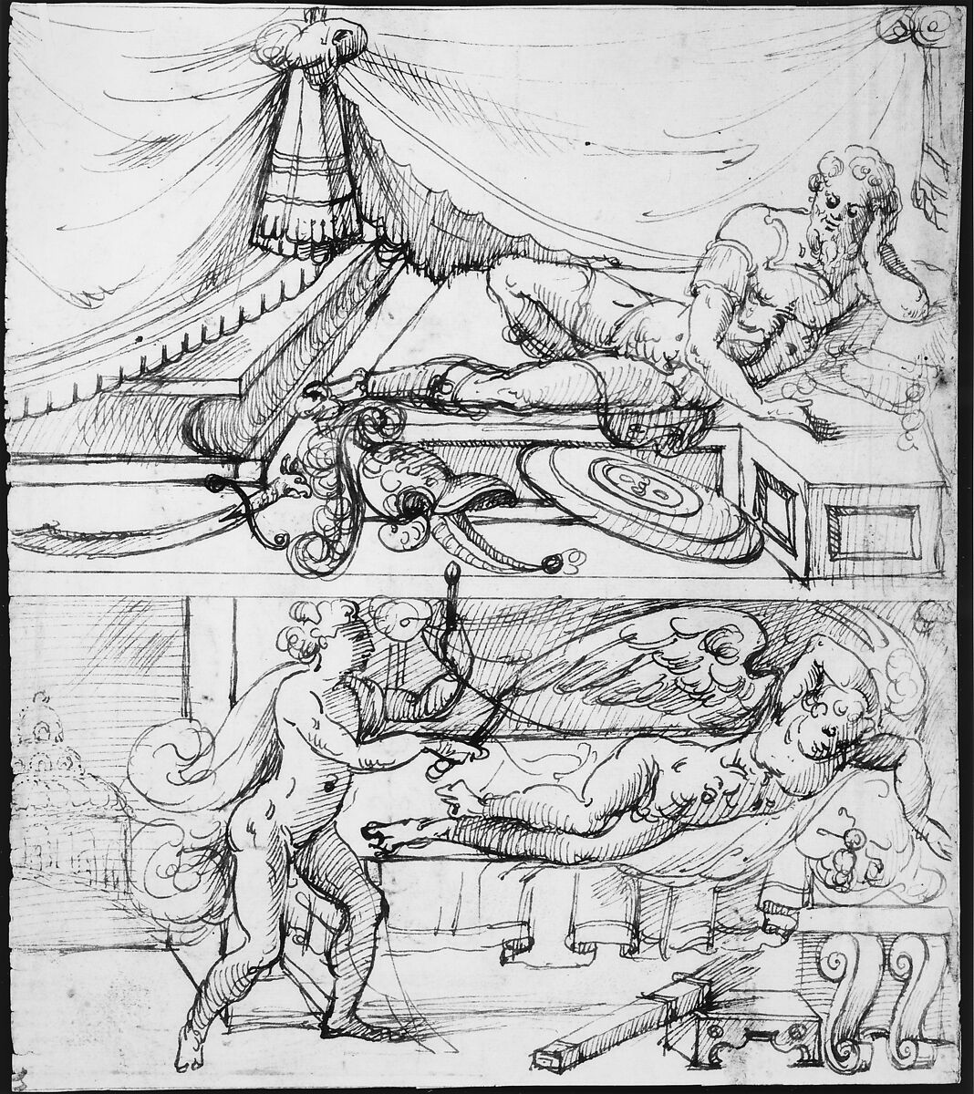 Two scenes; a reclining warrior above, sleeping cupid below (recto); grotesque niche with standing warrior (verso), ? attributed to Andrés de Melgar (Spanish, documented S. Domingo de la Calzada, died after 1554), Pen and brown ink