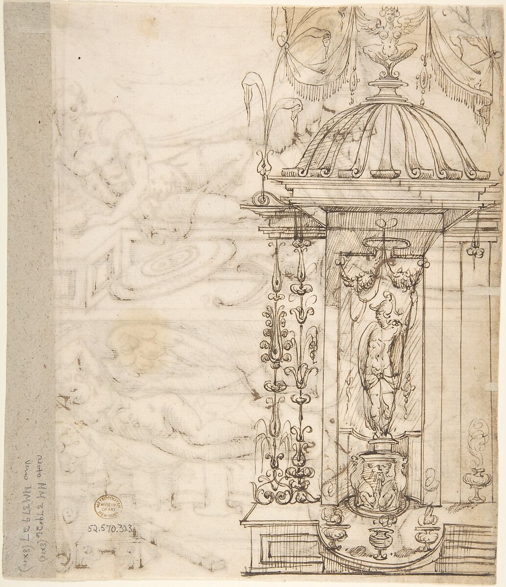 Two scenes; a reclining warrior above, sleeping cupid below (recto); grotesque niche with standing warrior (verso), ? attributed to Andrés de Melgar (Spanish, documented S. Domingo de la Calzada, died after 1554), Pen and brown ink