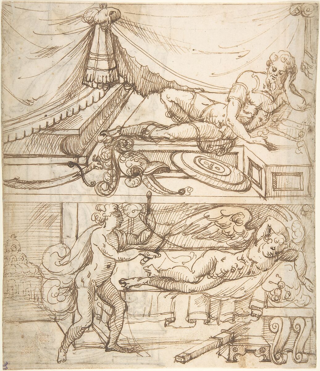 Two scenes; a reclining warrior above, sleeping cupid below (recto); grotesque niche with standing warrior (verso), ? attributed to Andrés de Melgar (Spanish, documented S. Domingo de la Calzada, died after 1554), Pen and brown ink 