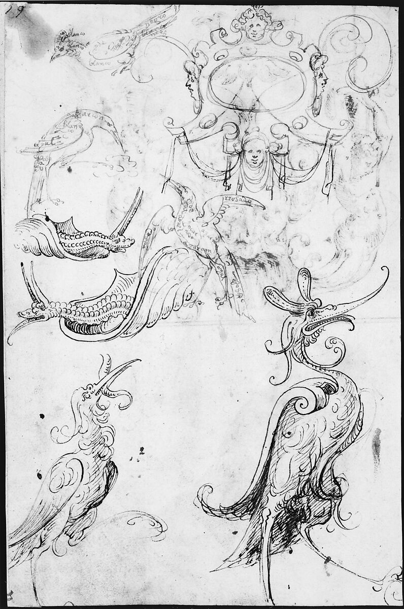 Fantastical creatures, birds, and strapwork cartouche (recto); grotesque mask and kneeling priest (verso), ? attributed to Andrés de Melgar (Spanish, documented S. Domingo de la Calzada, died after 1554), Pen and brown ink (recto); pen and brown ink with brush and brown wash; black chalk (verso)