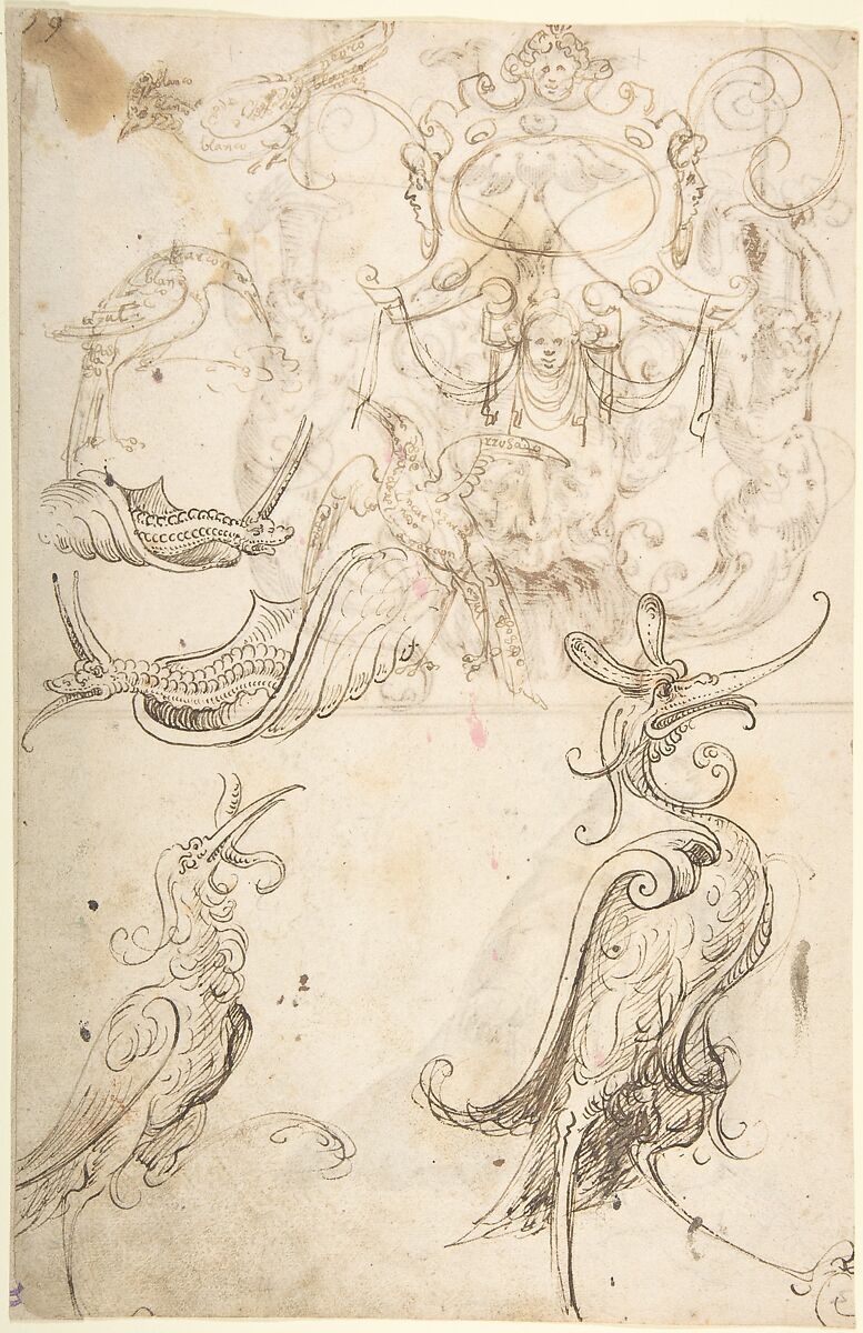 Fantastical creatures, birds, and strapwork cartouche (recto); grotesque mask and kneeling priest (verso), ? attributed to Andrés de Melgar (Spanish, documented S. Domingo de la Calzada, died after 1554), Pen and brown ink (recto); pen and brown ink with brush and brown wash; black chalk (verso) 