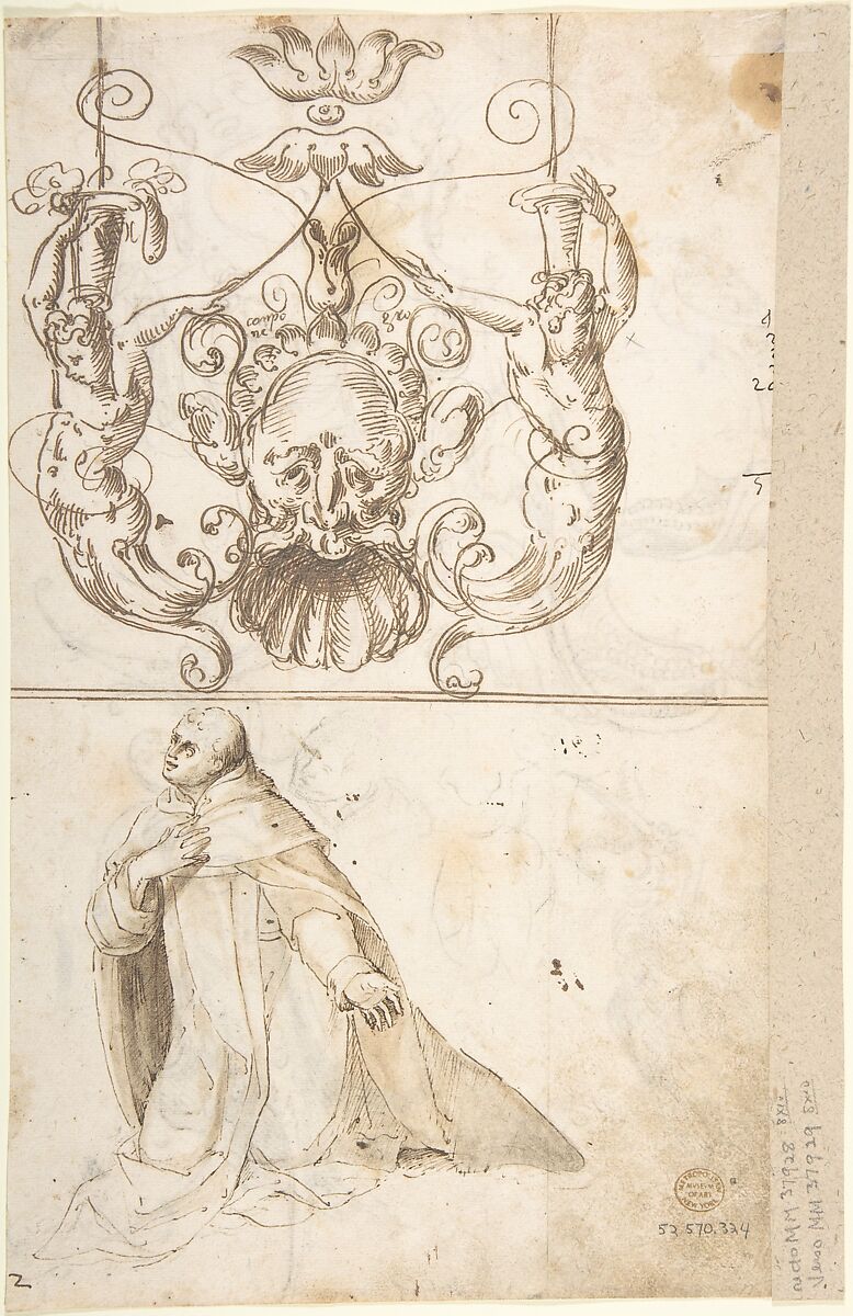 Fantastical creatures, birds, and strapwork cartouche (recto); grotesque mask and kneeling priest (verso), ? attributed to Andrés de Melgar (Spanish, documented S. Domingo de la Calzada, died after 1554), Pen and brown ink (recto); pen and brown ink with brush and brown wash; black chalk (verso)