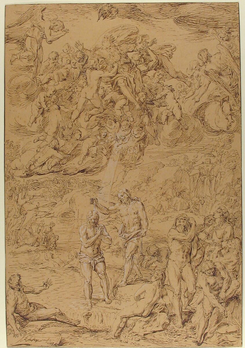 The Baptism of Christ, Raymond de La Fage (French, Lisle-sur-Tarn 1650–1684 Lyon), Pen and brown ink, heightened with white, on beige paper