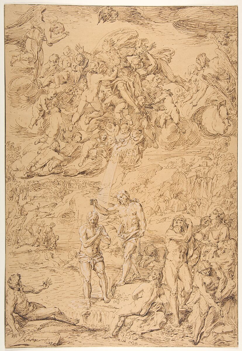 The Baptism of Christ, Raymond de La Fage (French, Lisle-sur-Tarn 1650–1684 Lyon), Pen and brown ink, heightened with white, on beige paper 