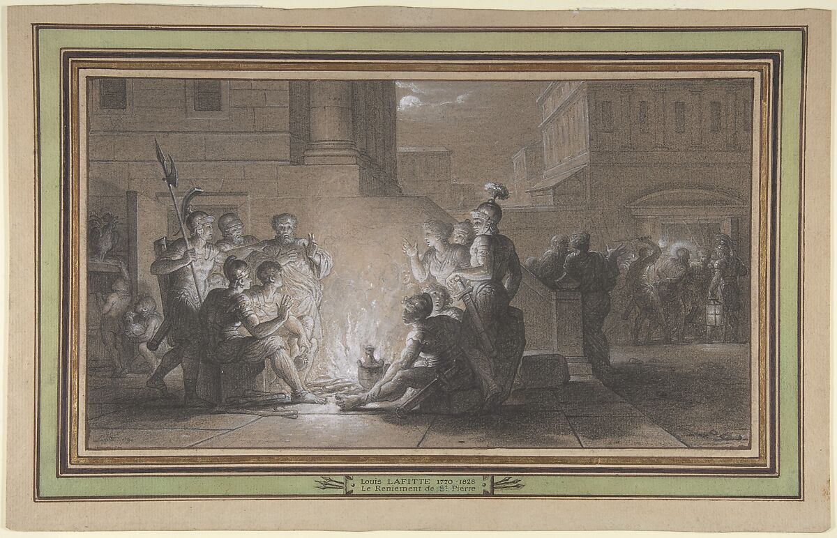 The Denial of Saint Peter, Louis Lafitte (French, Paris 1770–1828 Paris), Black chalk, heightened with white, on light brown paper. Lined. 