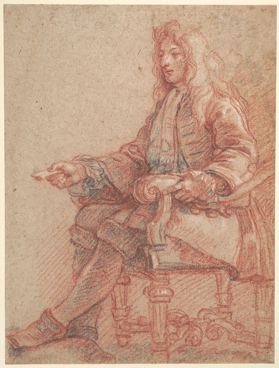 Gentleman Seated in an Armchair, Charles de la Fosse (French, Paris 1636–1716 Paris), Red, black, and white chalk, on beige paper