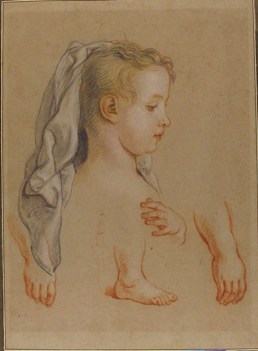 Head of a Young Girl and Studies of Hands and of her Right Foot, Charles de la Fosse (French, Paris 1636–1716 Paris), Black, red and white chalk, touches of yellow and pink pastel, on beige paper
