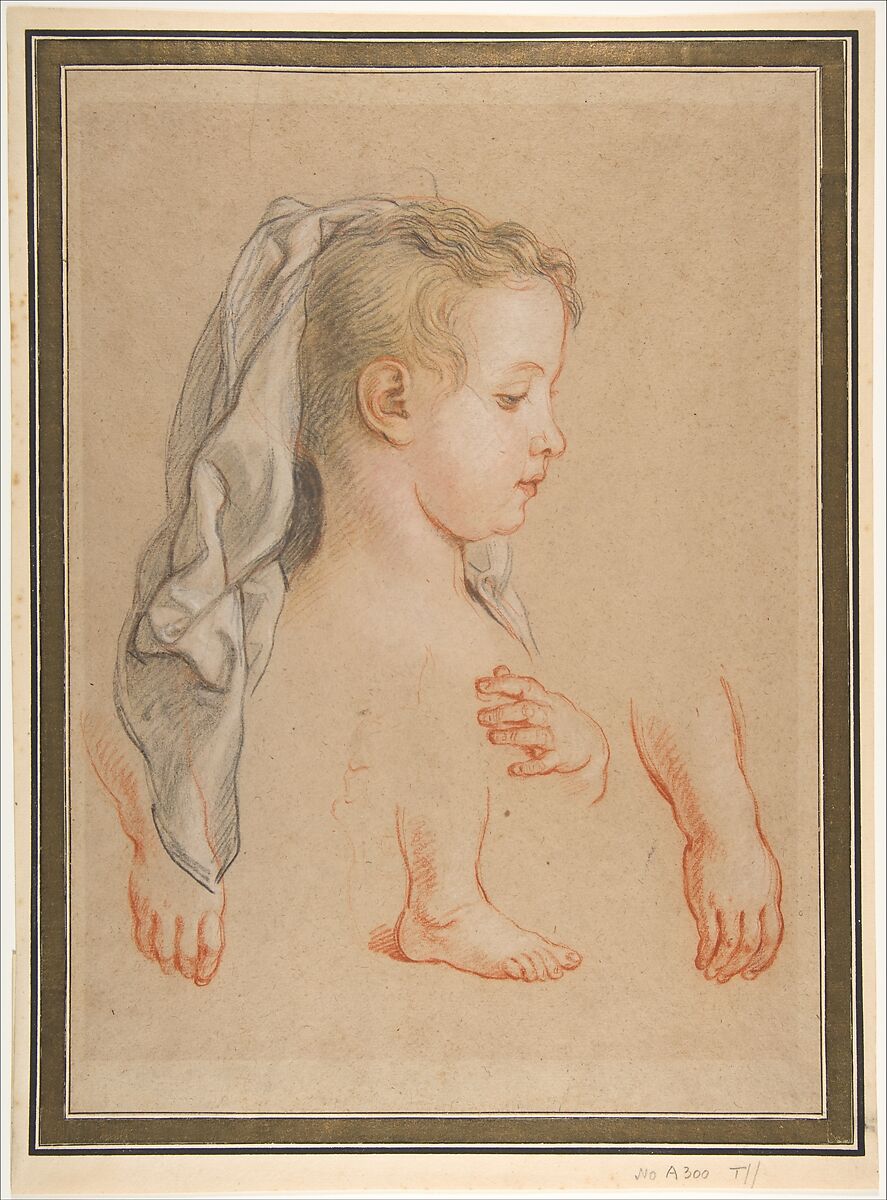 Head of a Young Girl and Studies of Hands and of her Right Foot, Charles de la Fosse (French, Paris 1636–1716 Paris), Black, red and white chalk, touches of yellow and pink pastel, on beige paper 