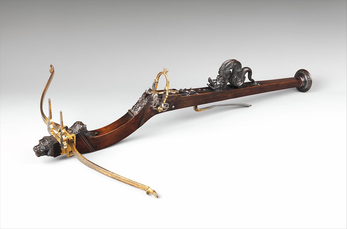 Small Pellet Crossbow, probably for a Woman or Child, Steel, wood (probably walnut and ebony), gold, probably Italian 