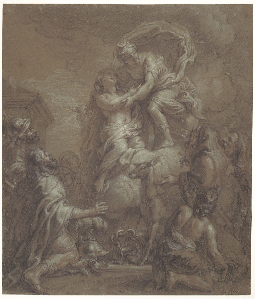 Sacrifice of Iphigenia, Charles de la Fosse (French, Paris 1636–1716 Paris), Red, black, and white chalk, on gray-brown paper