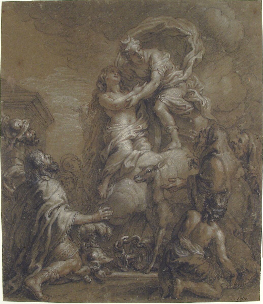 Sacrifice of Iphigenia, Charles de la Fosse (French, Paris 1636–1716 Paris), Red, black, and white chalk, on gray-brown paper
