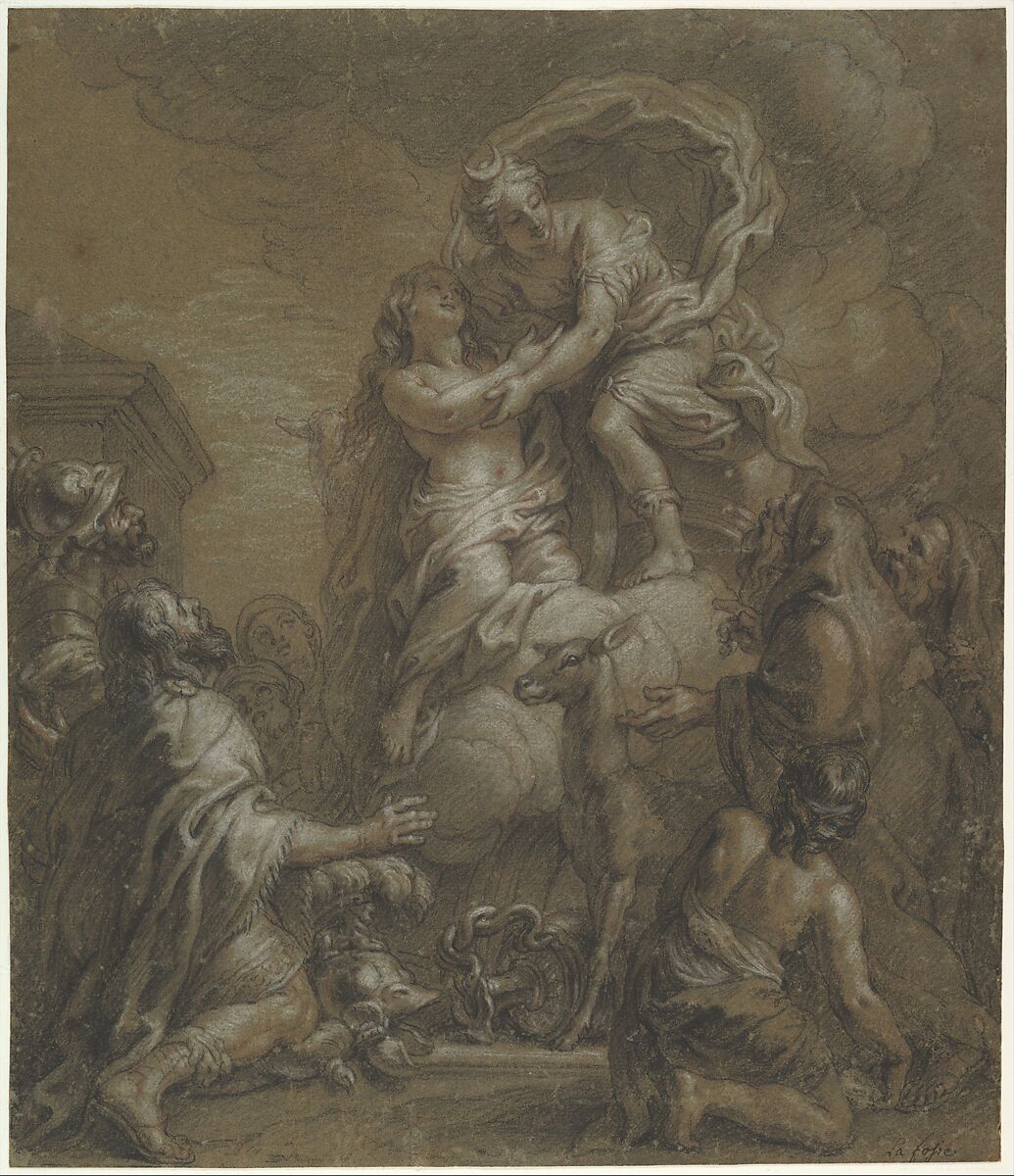 Sacrifice of Iphigenia, Charles de la Fosse (French, Paris 1636–1716 Paris), Red, black, and white chalk, on gray-brown paper 