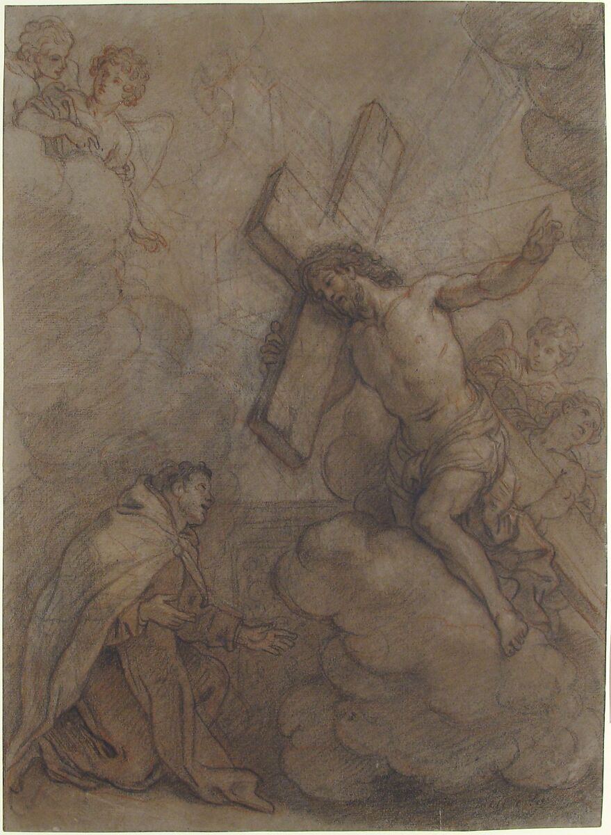 The Vision of St. John of the Cross, Charles de la Fosse (French, Paris 1636–1716 Paris), Black chalk, over red chalk, heightened with white on gray paper