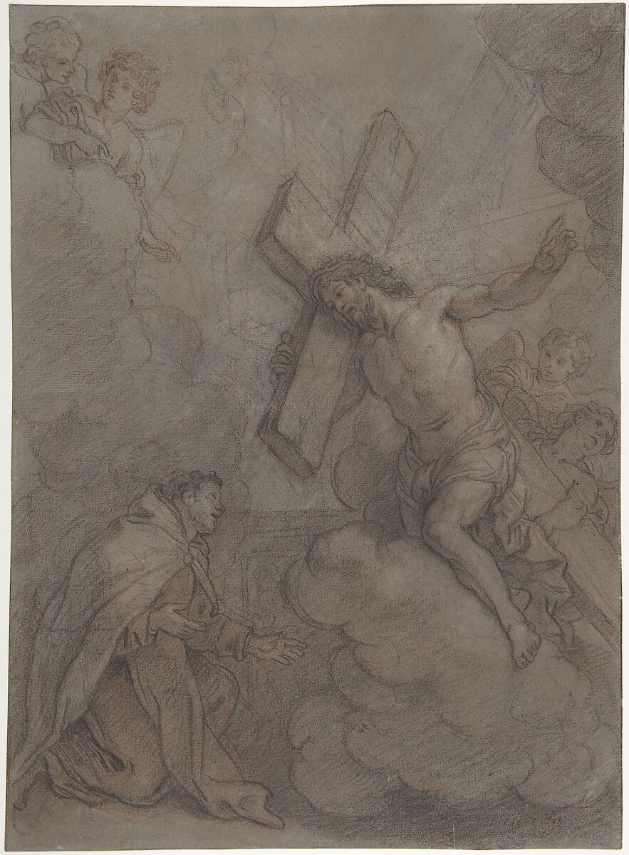 The Vision of St. John of the Cross, Charles de la Fosse (French, Paris 1636–1716 Paris), Black chalk, over red chalk, heightened with white on gray paper 