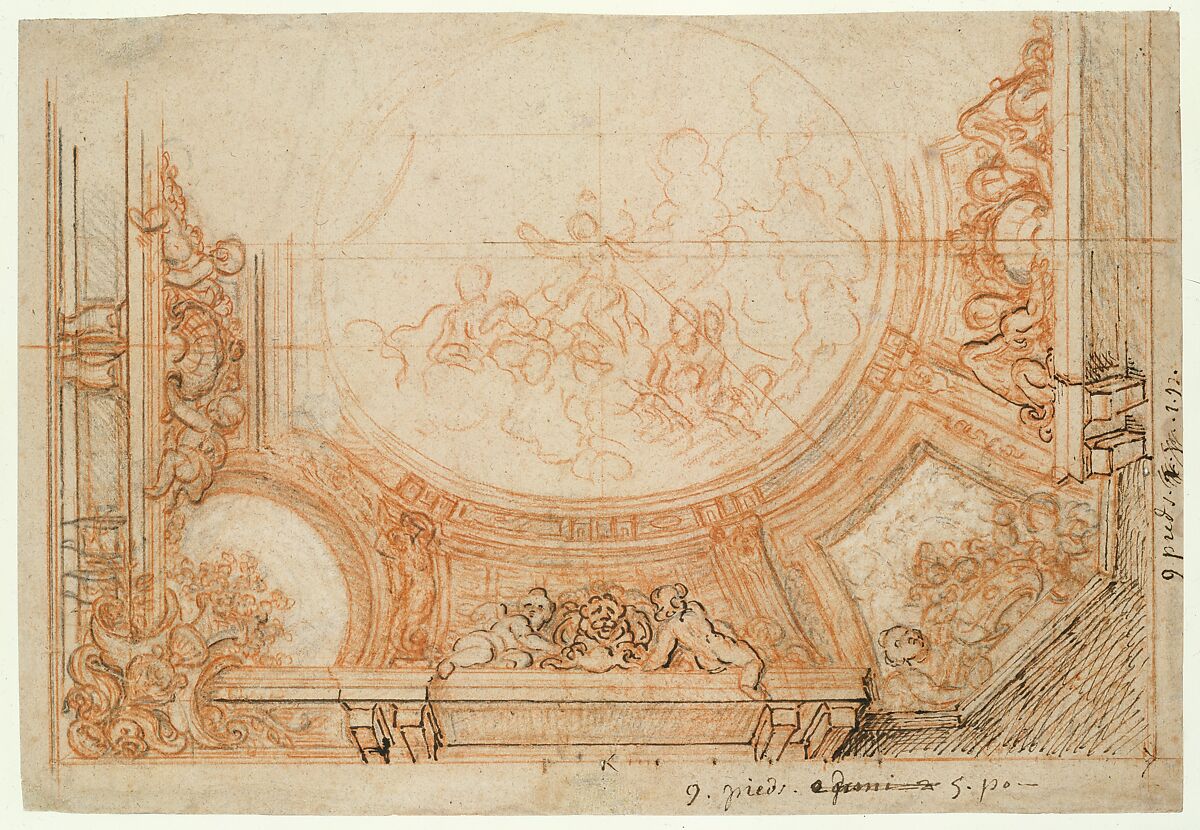 Design for the Decoration of a Ceiling, Charles de la Fosse (French, Paris 1636–1716 Paris), Red and black chalk, pen and brown ink
