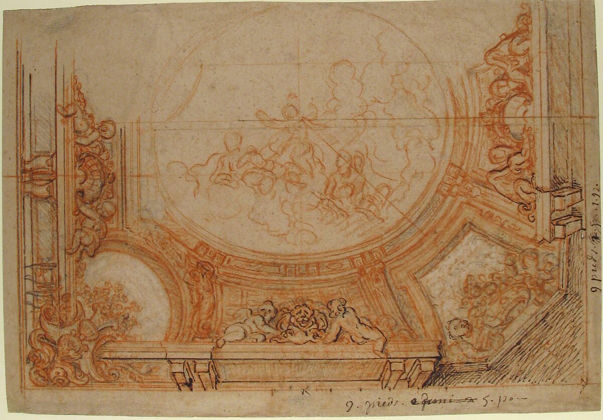 Design for the Decoration of a Ceiling, Charles de la Fosse (French, Paris 1636–1716 Paris), Red and black chalk, pen and brown ink