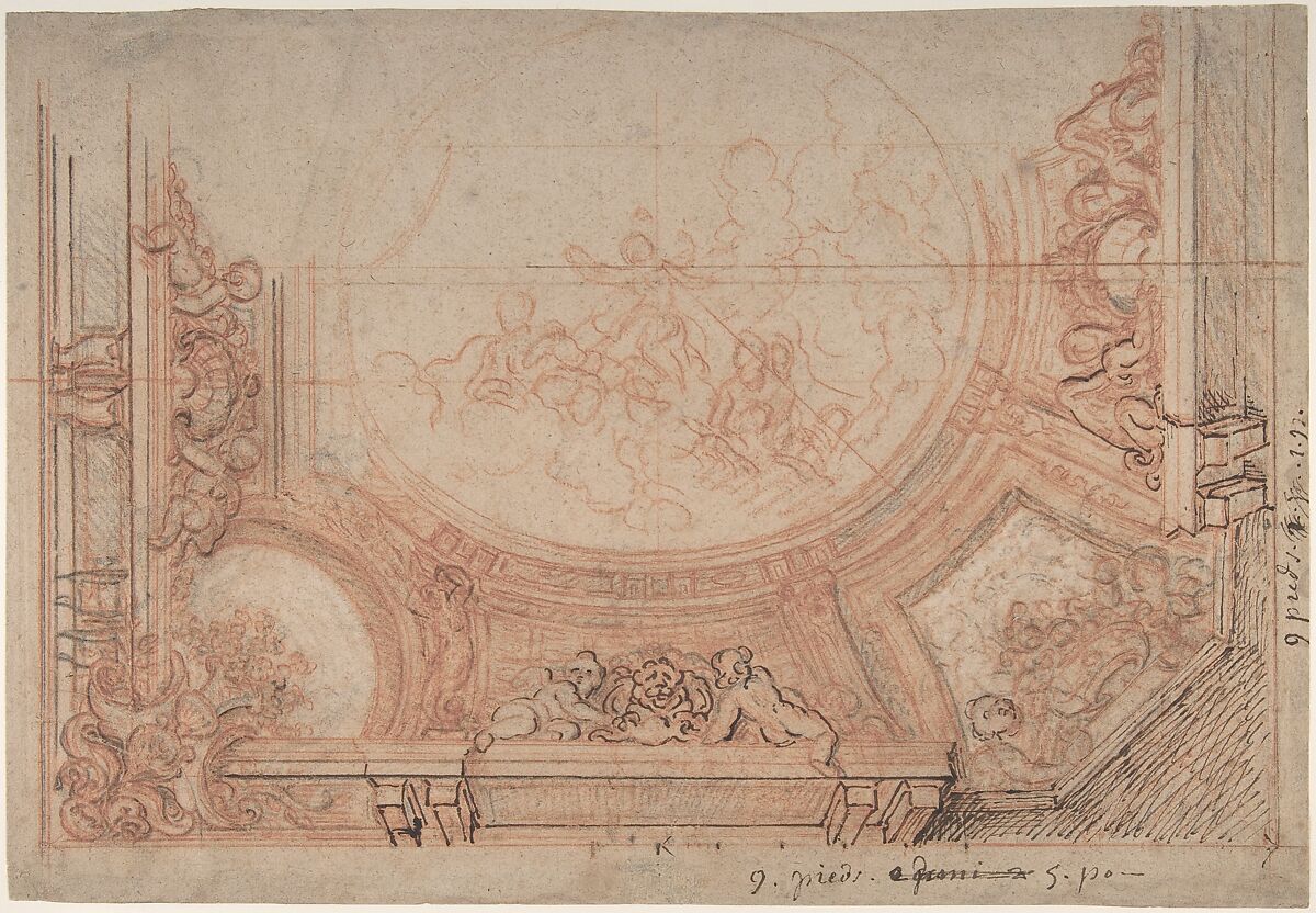 Design for the Decoration of a Ceiling, Charles de la Fosse (French, Paris 1636–1716 Paris), Red and black chalk, pen and brown ink 